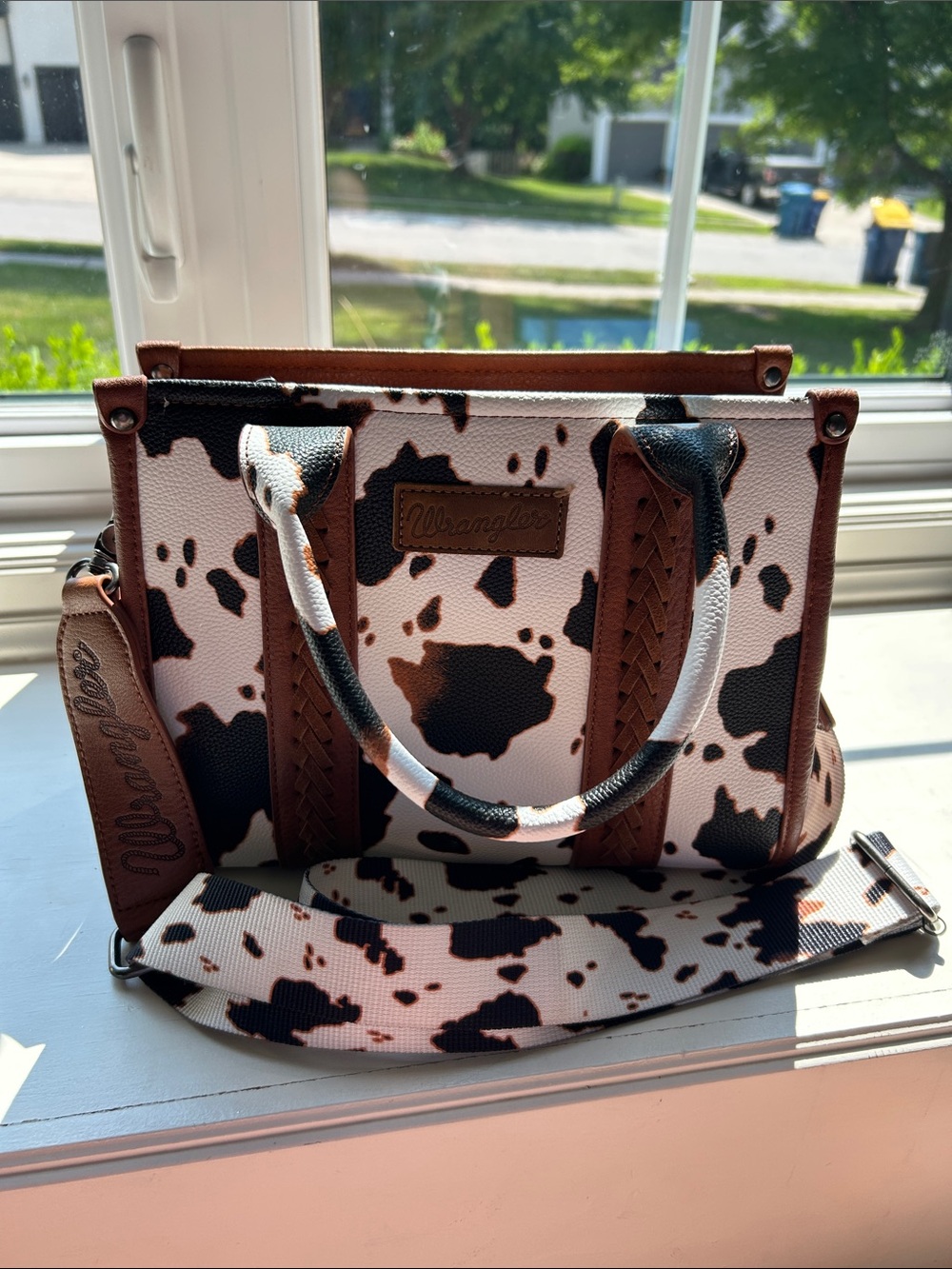 Wrangler Cowprint Satchel in Brown, Black & White